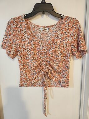 Roommates Orange and White Floral Ruched Drawstring Crop Top